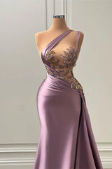 Elegant One Shoulder Mermaid Sleeveless Satin Prom Dress with Beads