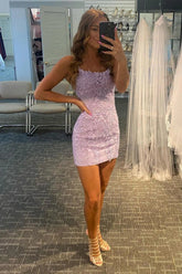 Spaghetti Straps Purple Tight Short Homecoming Dress with Appliques