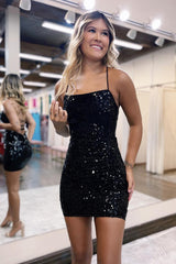 Sparkly Black Sequined Zipper Spaghetti Straps Tight Short Homecoming Dress