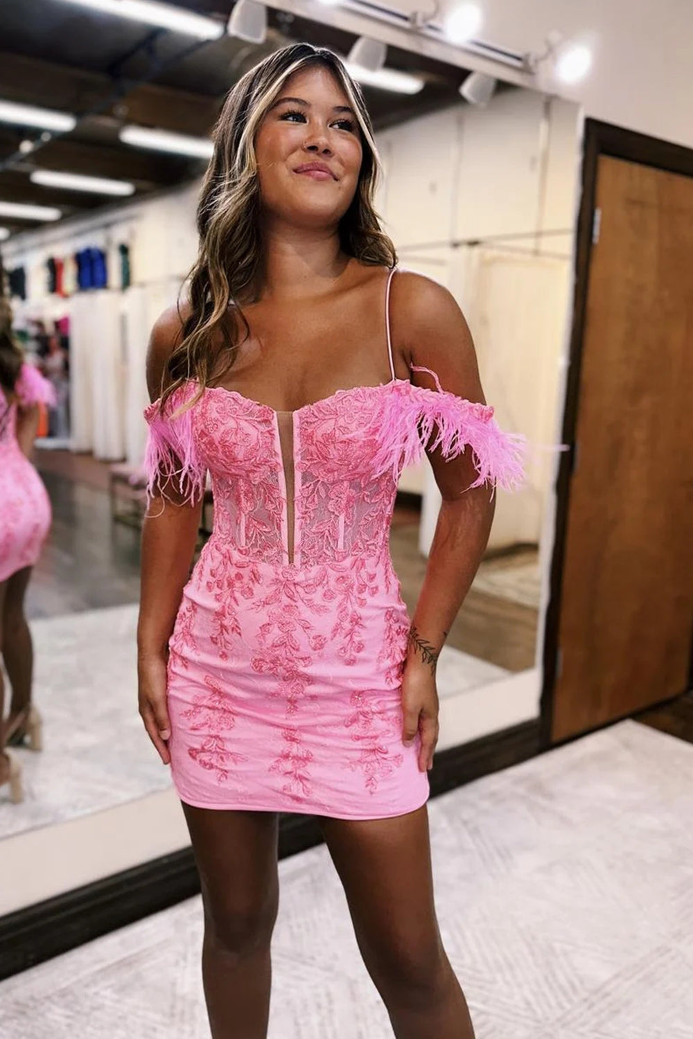Sparkly Pink Corset Sequins Tight Short Homecoming Dress With Feather