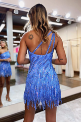 Sparkly Blue One Shoulder Sequins Tight Short Hoco Dress with Fringes
