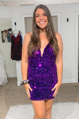 Royal Blue Criss-Cross Straps Sequins Tight Short Hoco Dress