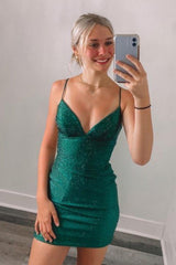 Glitter Black Spaghetti Straps Sequins Backless Tight Homecoming Dress