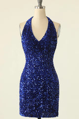 Sparkly Green Halter Sequins Backless Tight Short Homecoming Dress