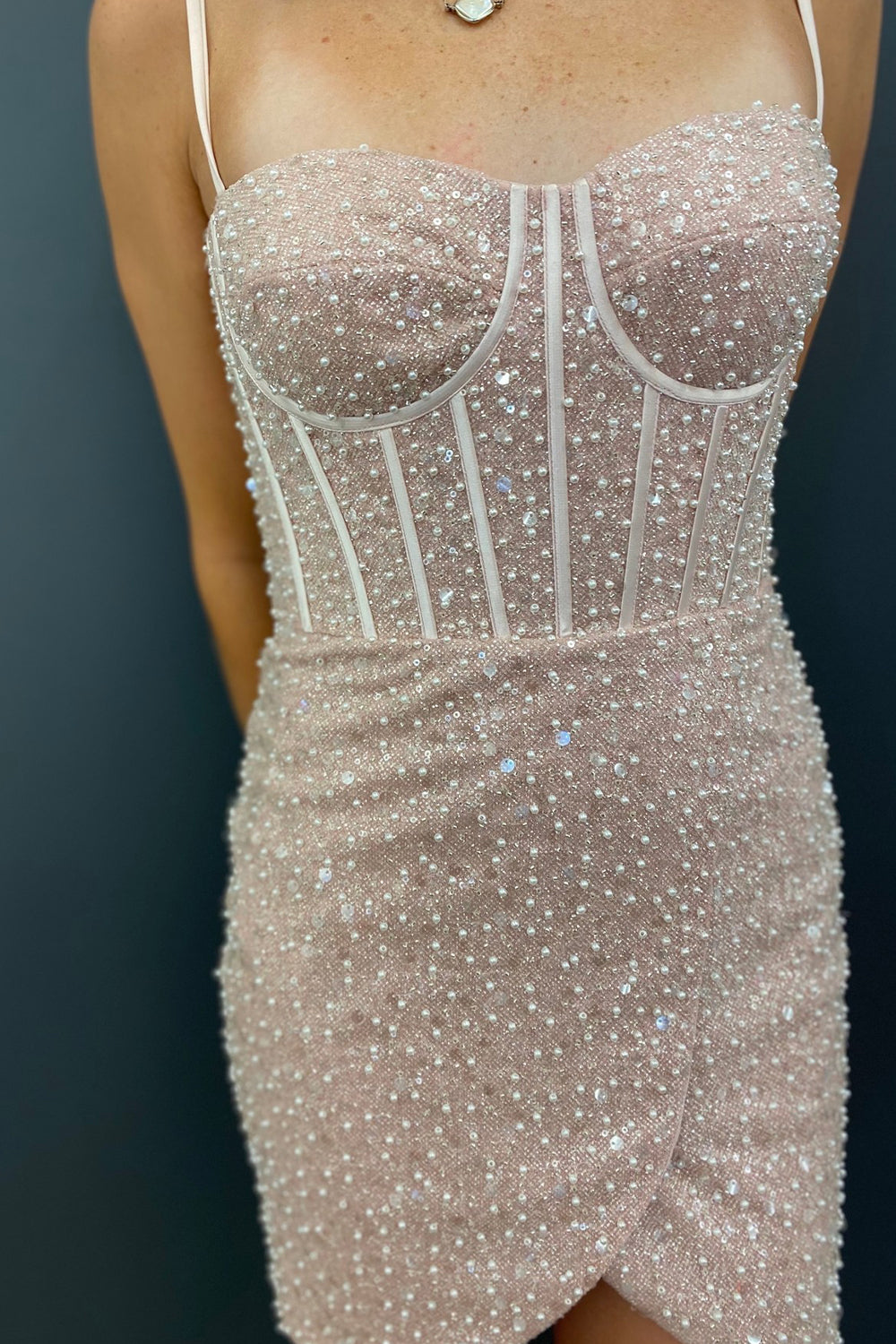 Sparkly Champagne Beaded Sequins Tight Short Homecoming Dress