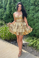 A Line Golden Sweetheart Corset Short Homecoming Dress With Ruffles