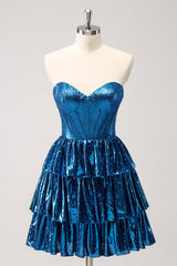 Sparkly Peacock Blue Sweetheart Ruffled Short Homecoming Dress