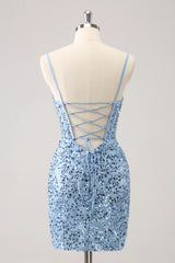 Sparkly Blue Spaghetti Straps Corset Tight Short Homecoming Dress