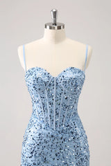 Sparkly Blue Spaghetti Straps Corset Tight Short Homecoming Dress