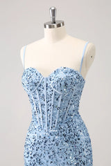 Sparkly Blue Spaghetti Straps Corset Tight Short Homecoming Dress
