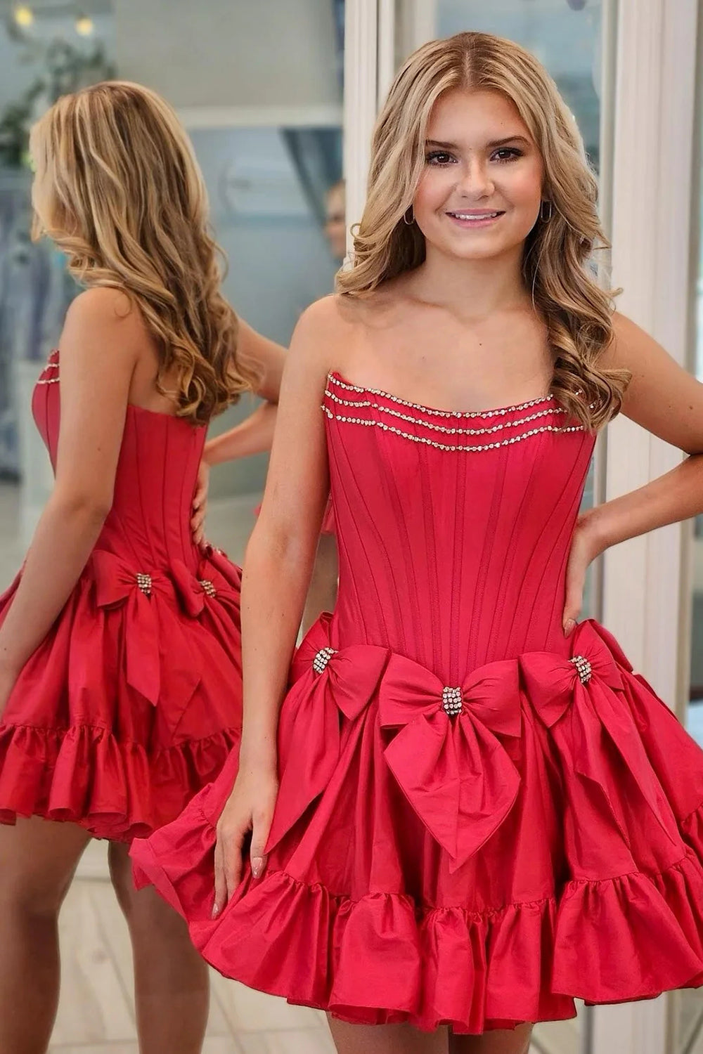 Pink A Line Corset Strapless Short Homecoming Dress With Bows