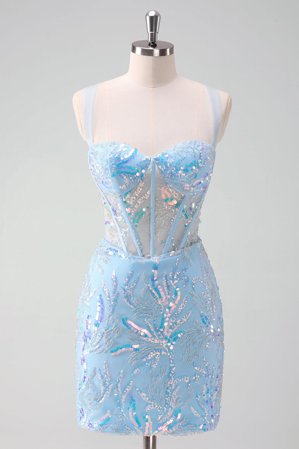Sparkly Light Blue Sequins Corset Tight Short Homecoming Dress