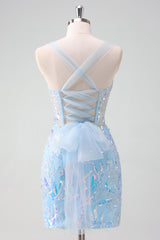Sparkly Light Blue Sequins Corset Tight Short Homecoming Dress