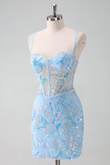 Sparkly Light Blue Sequins Corset Tight Short Homecoming Dress