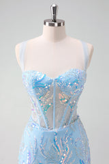 Sparkly Light Blue Sequins Corset Tight Short Homecoming Dress
