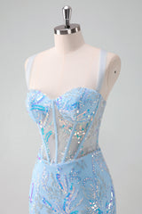 Sparkly Light Blue Sequins Corset Tight Short Homecoming Dress