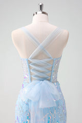 Sparkly Light Blue Sequins Corset Tight Short Homecoming Dress