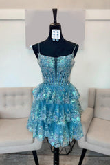Sparkly Blue A Line Corset Tiered Short Homecoming Dress