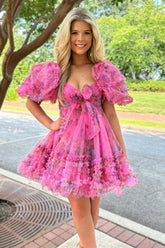 Fuchsia Puff Sleeves A-Line Floral Short Homecoming Dress with Ruffles