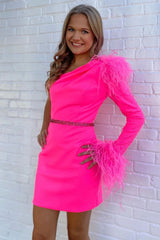 Sparkly Fuchsia One Shoulder Sequined Tight Short Homecoming Dress with Feathers