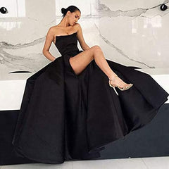 Strapless Long A-line Split Front Satin Black Wedding Dress with Pockets