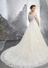 Long Sleeve Lace A-line V-neck Elegant Ivory Wedding Dress