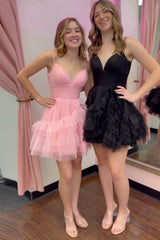 Glitter Pink Tulle A-Line Short Homecoming Dress with Ruffles