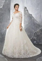Long Sleeve Lace A-line V-neck Elegant Ivory Wedding Dress