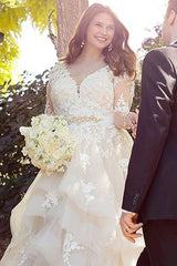 Long Sleeve A-line Tulle Lace V-neck Tiered Open Back Wedding Dress