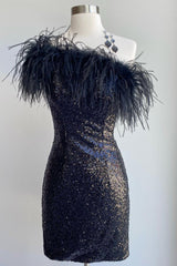 Blue Tight Sequins Homecoming Dress with Feathers