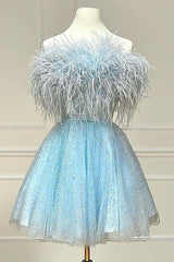 Light Blue A-Line Strapless Homecoming Dress with Feathers