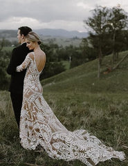 Open Back Mermaid Lace Long Sleeve Wedding Dress with Train