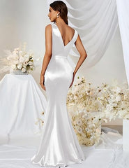 Simple Long Sleeveless White Satin Mermaid Wedding Dress