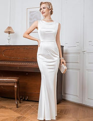 Simple Long Sleeveless White Satin Mermaid Wedding Dress