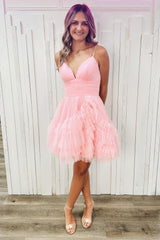 Glitter Pink Tulle A-Line Short Homecoming Dress with Ruffles