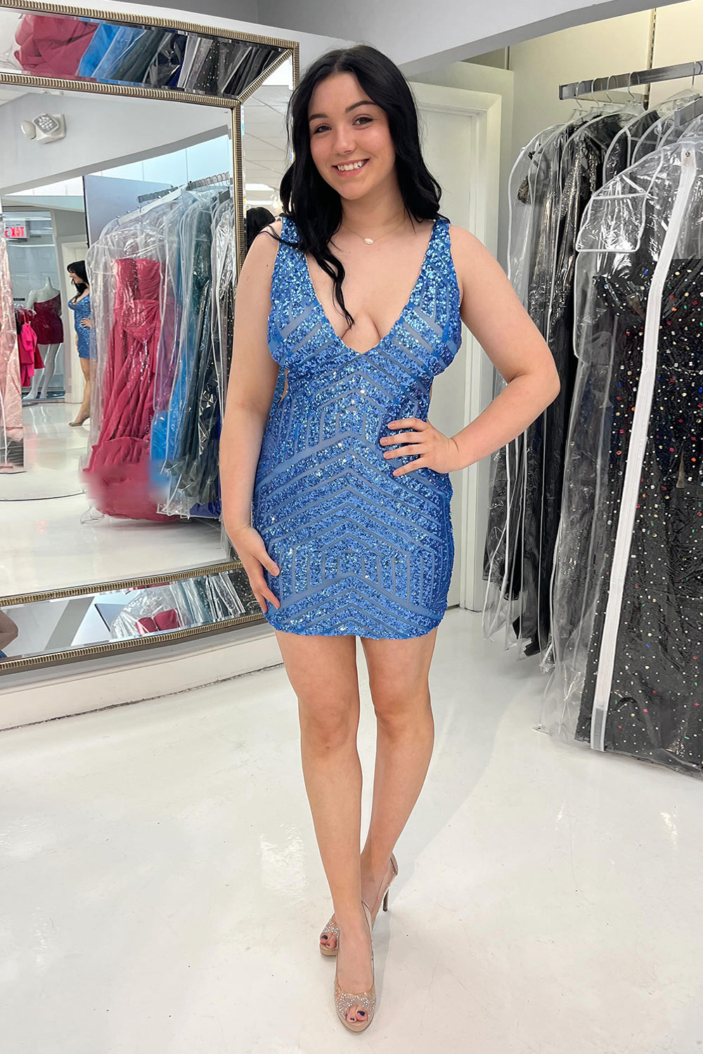 Fuchsia Sequins V-Neck Tight Homecoming Dress