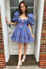 Dark Blue Puff Sleeves A-Line Floral Short Homecoming Dress with Ruffles
