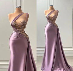 Elegant One Shoulder Mermaid Sleeveless Satin Prom Dress with Beads