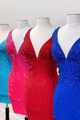 Sparkly Black Beaded V-Neck Backless Tight Short Homecoming Dress