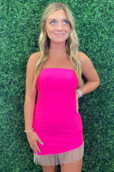 Fuchsia Strapless Fringed Tight Short Homecoming Dress