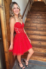 Sparkly Fuchsia Corset A-Line Tulle Short Homecoming Dress with Lace