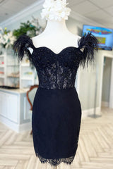 Sparkly Black Off The Shoulder Corset Tight Short Homecoming Dress with Feathers