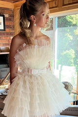 Pink Strapless A-Line Tiered Tulle Short Homecoming Dress