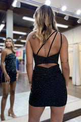 Sparkly Fuchsia Sequins One Shoulder Tight Short Homecoming Dress
