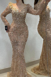 Chic Beaded Long Sleeve Appliques Lace Mermaid Floor Length Prom Dress