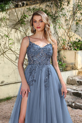 Backless Front Slit Tulle A-line Spaghetti Straps Appliques Lace Prom Dress