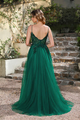 Backless Front Slit Tulle A-line Spaghetti Straps Appliques Lace Prom Dress
