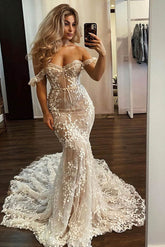Beautiful Mermaid Off-the-shoulder Lace Sweep Train Wedding Dress Babyonlines
