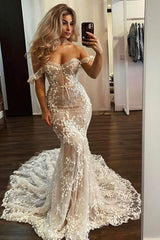 Beautiful Mermaid Off-the-shoulder Lace Sweep Train Wedding Dress Babyonlines