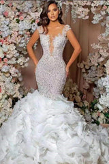 Beautiful Mermaid Tiered Beaded Short Sleeve Sweetheart Lace Wedding Dress